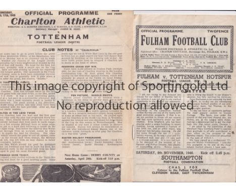 TOTTENHAM HOTSPUR      Two away programmes v Charlton Athletic 17/4/1946 F.L. South, scores entered and Fulham 2/11/46, both 