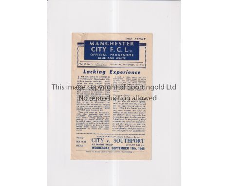 MANCHESTER CITY V STOKE CITY 1945      Programme for the FL North match at City 15/9/1945, slight horizontal crease.     Gene