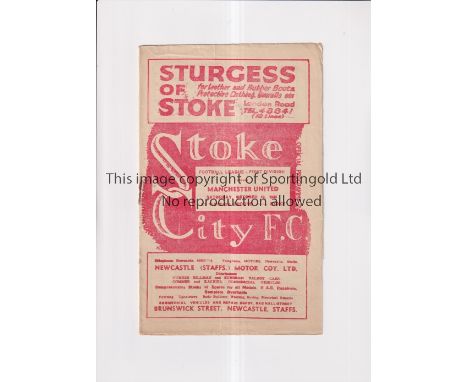 MANCHESTER UNITED  Programme for the league match away v Stoke City 16/10/1948, wear to edges and paper loss to bottom right 