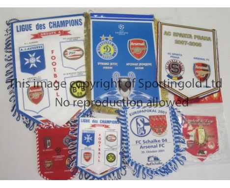 ARSENAL   Seven pennants for away Champions League matches v Schalke 2001 official 6", Auxerre 2002 official 12" and 5", Dyna
