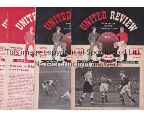 MANCHESTER UNITED     Ten home programmes, including 5 X for the season 1954/55 v Sheffield Wednesday 1/9, re-stapled, Newcas
