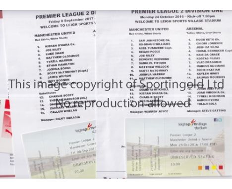 MANCHESTER UNITED V ARSENAL     Three single sheet programmes with tickets for Academy matches: at United 24/10/2016 and 8/9/