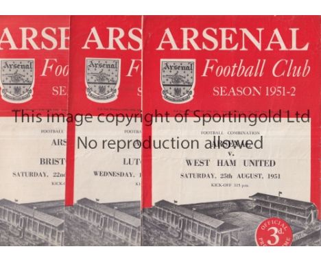 ARSENAL     Nineteen home programmes for Football Combination matches for season 1951/2. Missing Bournemouth, Tottenham postp