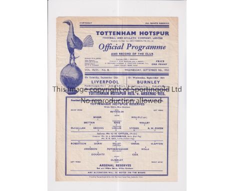 TOTTENHAM HOTSPUR V ARSENAL 1953      Single sheet programme for the Football Combination match at Tottenham 9/9/1953, slight