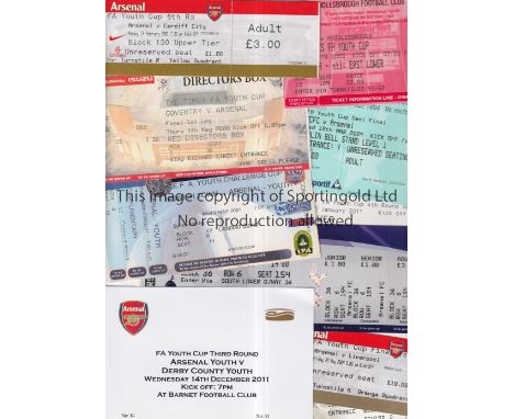 ARSENAL      Seventen tickets for F.A. Youth Cup ties. Homes v Cardiff City 2006/7, Derby County 2011/12 and Crewe 2014/15, a