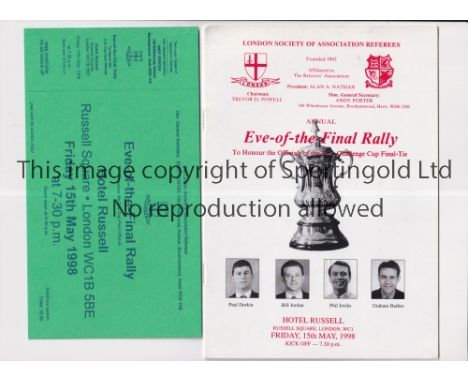 1998 FA CUP FINAL / ARSENAL V NEWCASTLE UNITED     Programme and unused ticket for the Eve-of-the-Final Rally at the Hotel Ru