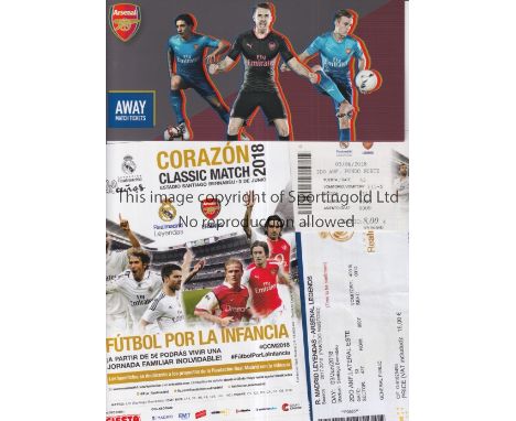 ARSENAL     Advertising flyer and 2 different tickets for the Corazon Classic Match, Real Madrid Legends v Arsenal Legends 3/