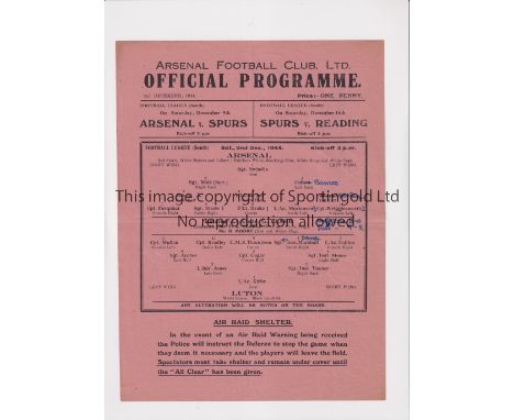 ARSENAL 9 LUTON TOWN 3     Single sheet programme for the FL South 2/12/1944, very slightly creased, team changes and scores 