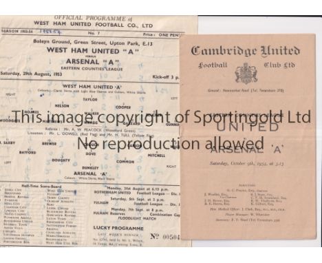 ARSENAL     Two programmes for the away Eastern Counties League matches v Cambridge United 9/10/1954, very slightly creased a