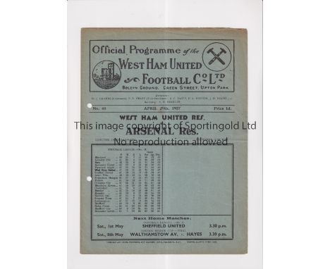 WEST HAM UNITED V ARSENAL 1937 / LONDON COMBINATION DECIDER     Programme for the match at West Ham United 29/4/1937. Arsenal