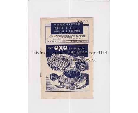 ARSENAL      Programme for the away League match in their 1947/8 Championship season v Manchester City 24/4/1948, very slight