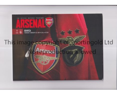 ARSENAL / LIMITED REPRINTED PROGRAMME      Home programme for the Europa League match v Benfica which was originally incorrec
