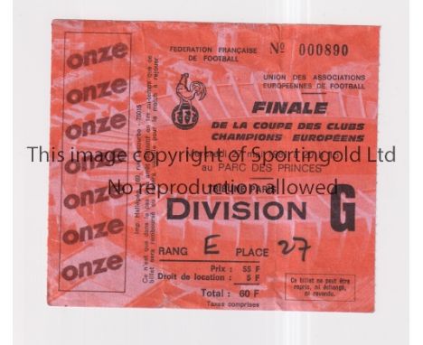1981 EUROPEAN CUP FINAL    Ticket for Liverpool v Real Madrid 27/5/1981 in Paris, slightly creased.     Generally good