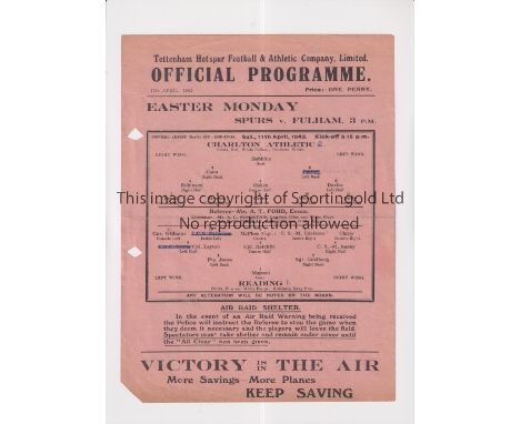 1943 F.L. SOUTH WAR CUP SEMI-FINAL AT TOTTENHAM HOTSPUR       Single sheet programme for Charlton Athletic v Reading 17/4/43 