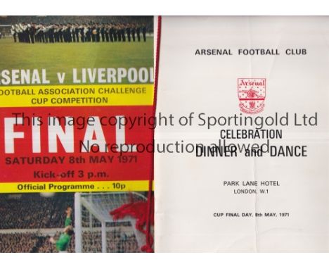 1971 FA CUP FINAL / ARSENAL V LIVERPOOL        Arsenal menu for the Celebration Dinner and Dance at the Park Lane Hotel on Cu