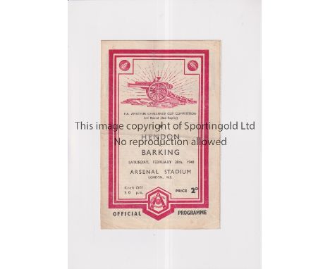 NEUTRAL AT ARSENAL      Programme for the F.A. Amateur Cup match at Highbury, Hendon v Barking 28/2/1948, horizontal fold.   