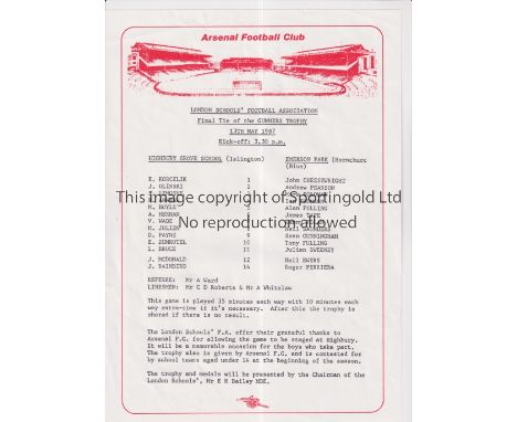AT ARSENAL / GUNNERS TROPHY 1987     Single sheet programme for Emerson Park v Highbury Grove 13/5/1987 3.30pm kick-off.    G