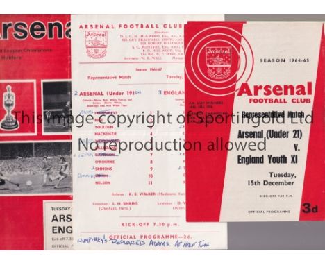 ARSENAL      Nine programmes for home Friendlies v England Youth XI 64/5, scores entered, 65/6, slightly creased and team cha