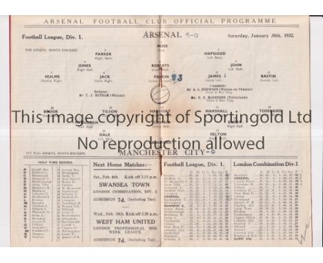 ARSENAL     Programme for the home League match v Manchester City 30/1/1932, scores entered and very slightly marked.    Gene