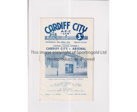 CARDIFF CITY RECORD ATTENDANCE V ARSENAL 1953     Programme for the League match at  Cardiff City 22/4/1953. Arsenal won the 