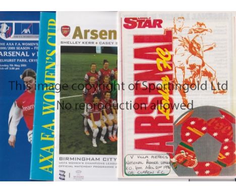 ARSENAL LADIES      Twelve programmes: 3 homes v Villa Aztecs 21/4/1996, Doncaster Belles 18/1/1998 and Birmingham City UWCL 
