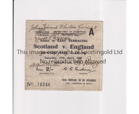 SCOTLAND V ENGLAND 1937 / RECORD BRITISH ATTENDANCE     Ticket for the match at Hampden Park 17/4/1937 in front of a crowd of