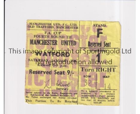 MANCHESTER UNITED    Seat ticket for the home FA Cup tie v Watford 25/1/1969, paper stuck to the back where removed from an a