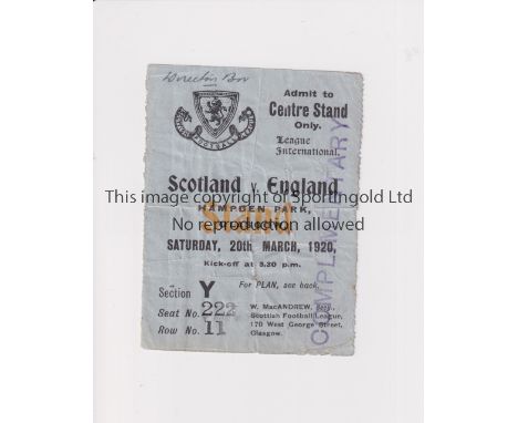 SCOTTISH LEAGUE V FOOTBALL LEAGUE 1920     Ticket for the Inter-League match at Hampden Park 20/3/1920, creased.     Fair to 