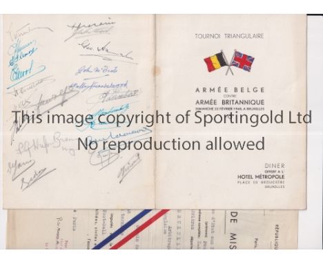 BELGIAN ARMY V BRITISH ARMY       Ticket for 13/10/1945 at the RSC Anderlecht stadium, very slightly creased, and Menu and In
