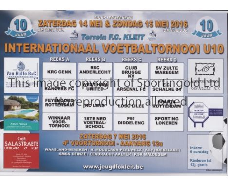 ARSENAL / WEST HAM UNITED / GLASGOW RANGERS / KLEIT YOUTH TOURNAMENT 2016     Programme for the Tournament 14 - 15/5/2016 inc