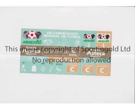 1986 WORLD CUP      Unused ticket for Semi-Final, Argentina v Belgium 25/6/1986 at the Aztec Stadium. Staple holes on the lef