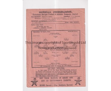 1944 F.L. SOUTH WAR CUP SEMI-FINAL AT TOTTENHAM HOTSPUR     Single sheet programme for Chelsea v Reading 1/4/1944 played at W