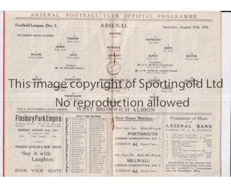 ARSENAL     Programme for the home League match v WBA 29/8/1931, slightly folded in four and minor repairs to the spine.    F