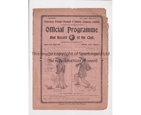 TOTTENHAM HOTSPUR V WEST STANLEY 1920 FA CUP     Programme for the 2nd Round FA Cup tie at Tottenham 31/1/1920, folded, worn 