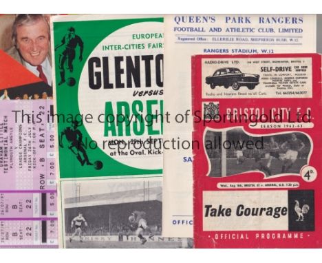 ARSENAL       Nine away programmes and 3 tickets v Bristol XI 62/3, back page worn, QPR 65/6 Friendly, slightly creased and t