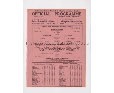 AT TOTTENHAM HOTSPUR / CORINTHIANS V QUEEN'S PARK (GLASGOW) 1935      Single sheet programme for the Friendly at White Hart K
