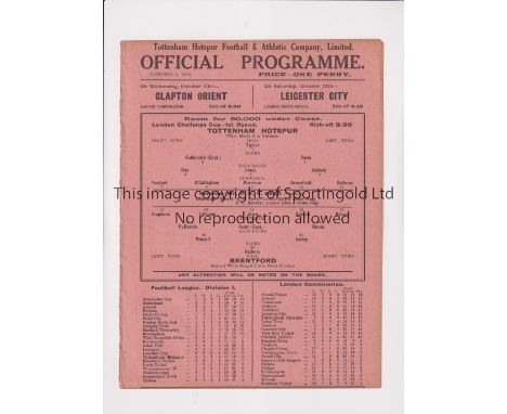 TOTTENHAM HOTSPUR     Single sheet programme for the home London Challenge Cup tie v Brentford 8/10/1934, ex-binder.     Gene