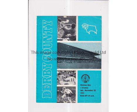 ARSENAL     Official 4 page VIP / Press programme for the away League match v Derby County 25/11/1972. Team changes and Press