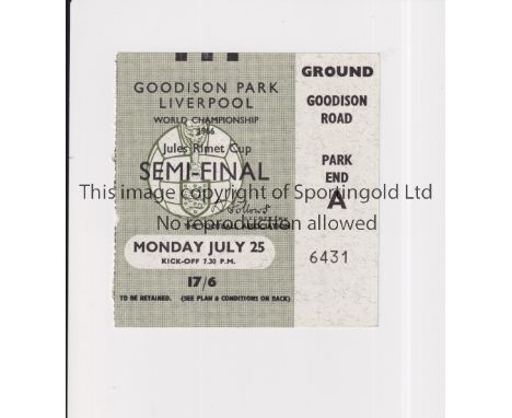 1966 WORLD CUP SEMI-FINAL AT EVERTON F.C.    Ticket for West Germany v Soviet Union 25/7/1966, very slightly creased.     Gen