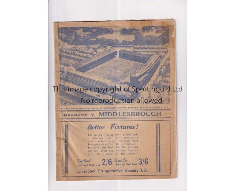EVERTON V MIDDLESBROUGH 1938         Programme for the League match at Everton 5/11/1938, taped repairs, minor tears and pape