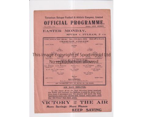 1943 F.L. SOUTH WAR CUP SEMI-FINAL AT TOTTENHAM HOTSPUR     Single sheet programme for Charlton Athletic v Reading 17/4/1943 