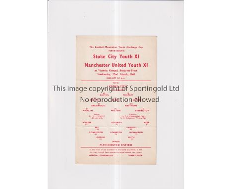 MANCHESTER UNITED      Single card programme for the away FA Youth Cup tie v Stoke City 22/3/1961, slight horizontal creases.