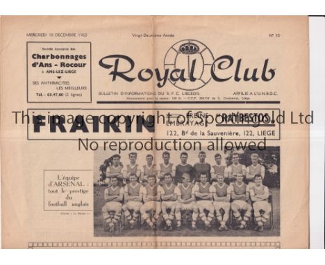 ARSENAL      Programme for the away Fairs Cup tie v R.F.C. Liegeous 18/12/1963, slightly folded in four and team changes.    