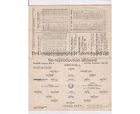 ARSENAL        Programme for the home League match v Stoke City 17/12/1938, slight creases, ageing marks, minor tears to edge