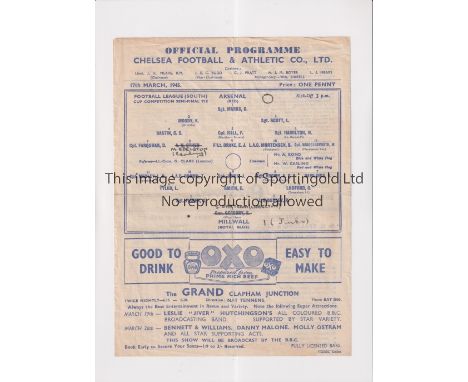FL SOUTH SEMI-FINAL AT CHELSEA / MILLWALL V ARSENAL 1945         Single sheet programme for the match at Chelsea 17/3/1945, c