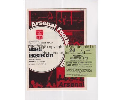 ARSENAL     Ticket and programme for the home FA Cup tie v Leicester City 15/3/1971 in Arsenal's first Double season. Ticket 