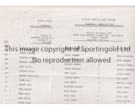 ARSENAL     Six single sheet home programmes v Watford 24/3/86 SECLC S/F, Wimbledon 5/2/86 FAYC, Luton 14/1/86 FAYC, Chelsea 