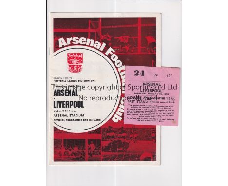 ARSENAL      Ticket and programme for the home League match v Liverpool 14/3/1970, both very slightly creased.     Generally 