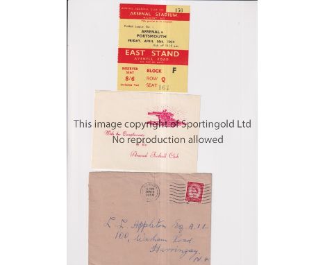 ARSENAL       Ticket for the home league match v Portsmouth 16/4/1954 plus envelope and compliments slip.     Good