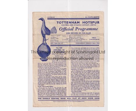 1950 FA CUP SEMI-FINAL REPLAY AT TOTTENHAM HOTSPUR       Programme for Arsenal v Chelsea 22/3/1950 at White Hart Lane, folded